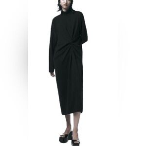 Zara Black Long Sleeve Knotted Pleated Dress